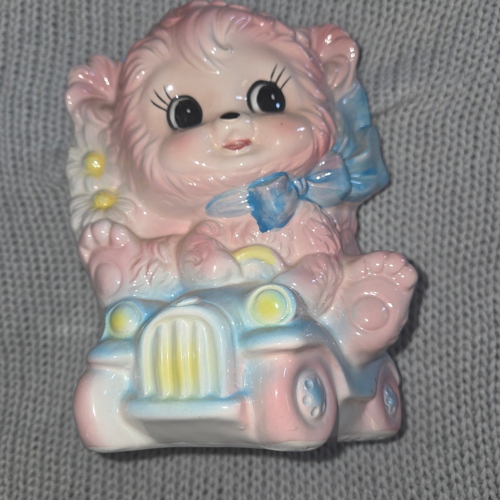Vintage Napco Japan Ceramic Baby Bear in Car Planter Pink Blue Pastel Nursery
